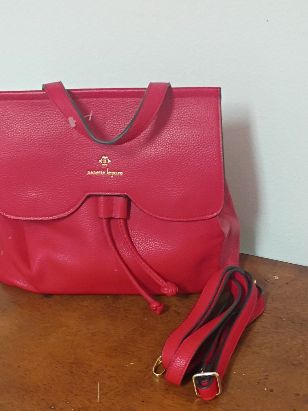 Nanette Lepore Bright Red Pebbled Leather Drawstring Shoulder Bag